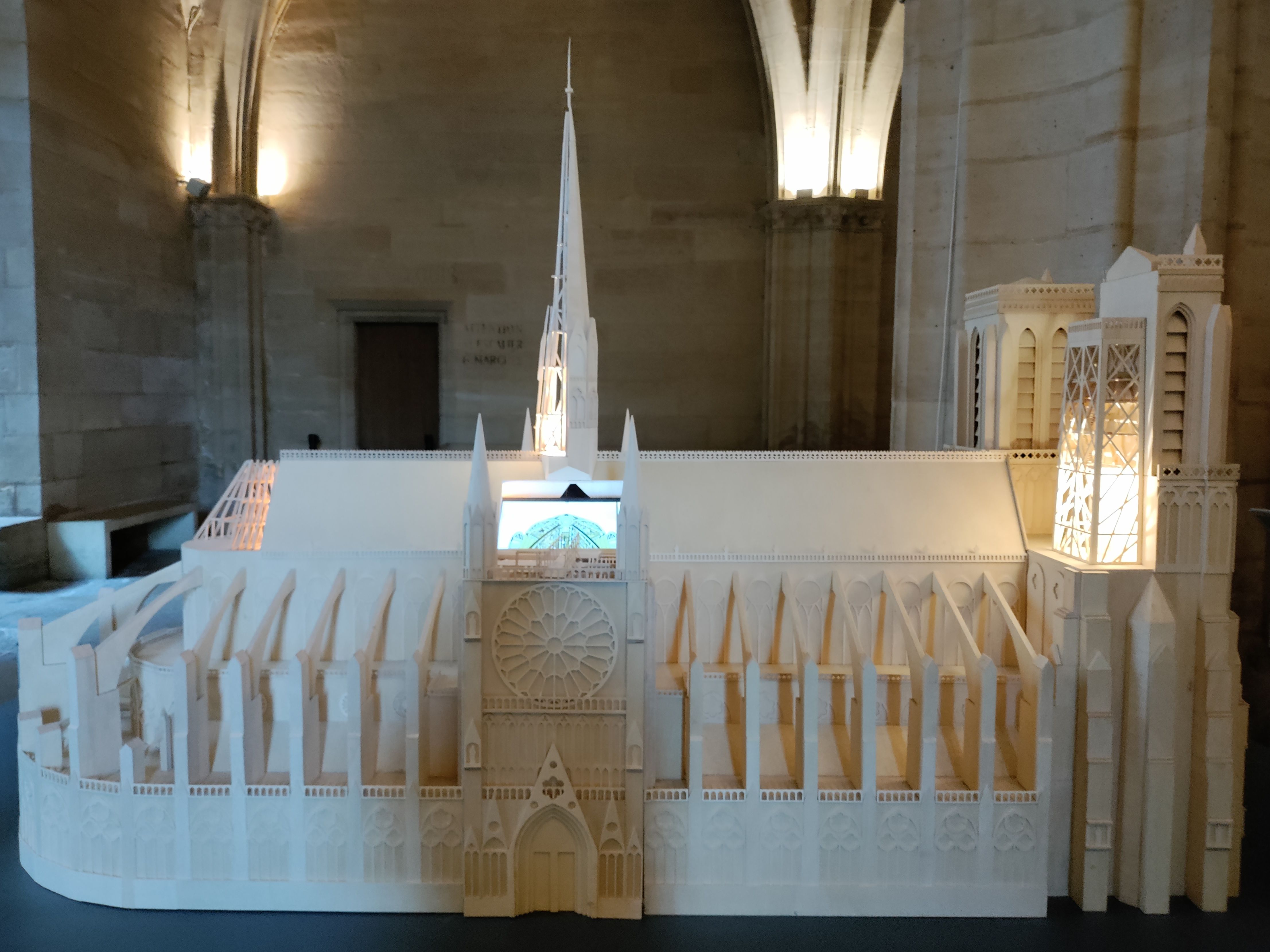 Side view of a scale model of the Notre Dame cathedral.