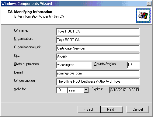 Windows Components Wizard - CA Indentifying Information