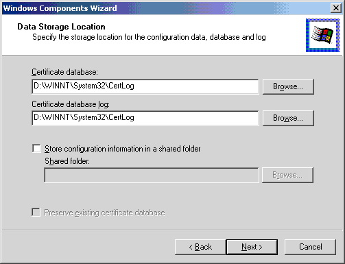 Windows Components Wizard - Data Storage Location