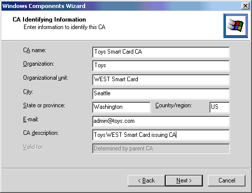 Windows Components Wizard - CA Indentifying Information